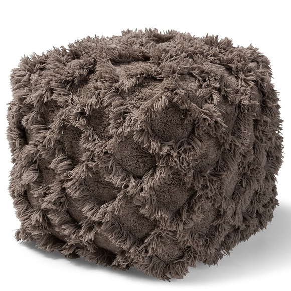 BAXTON STUDIO ASUKA MOROCCAN INSPIRED TAUPE HANDWOVEN COTTON FRINGE POUF OTTOMAN - Picture 3 of 6